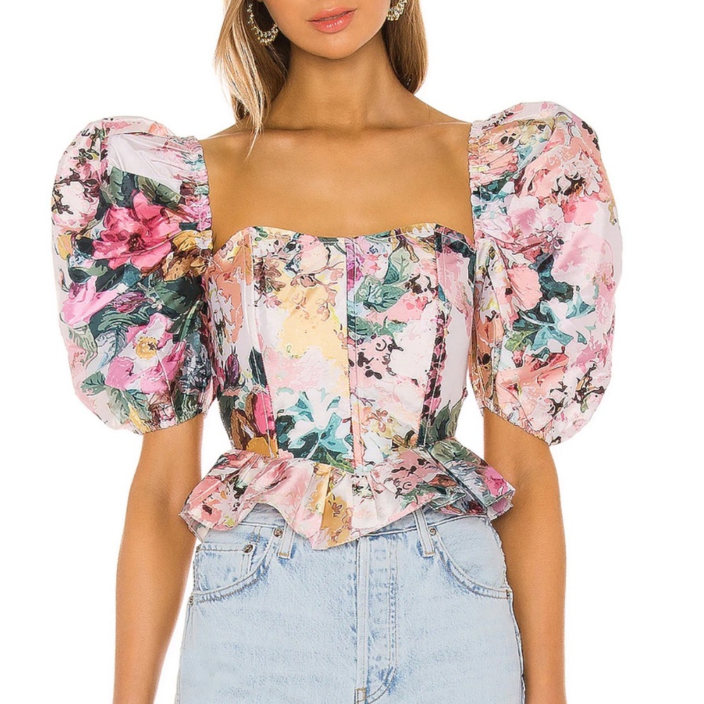 Hemant and Nandita Floral Puff Sleeve Blouse - Pink and Green